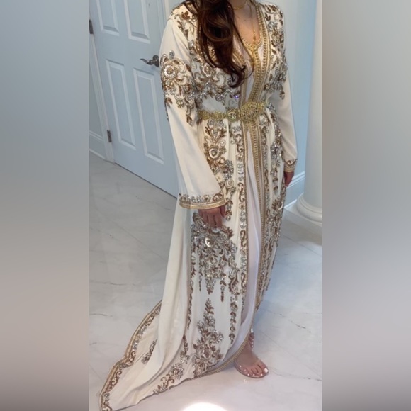 white and gold caftan dress Eid Bronzing Caftan Kaftan Dress For Party And Wedding #25295 – Urgarment